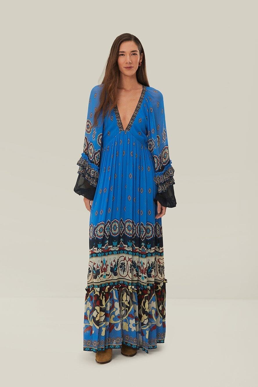 FARM RIO Blue Black Bell Sleeve Ainika Tiles Flowy V-Neck Maxi Gown Size XS